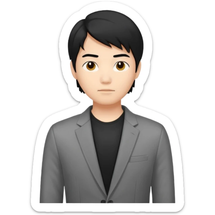 asian young man with mid-long black hair middle part haircut in grey blazer and black t-shirt  sticker