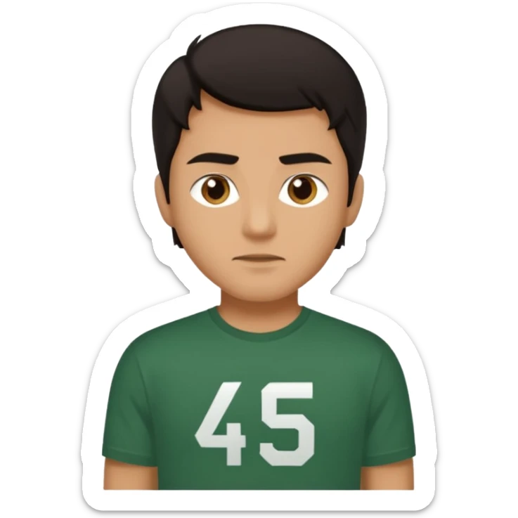 A man with hair wearing a t-shirt that says the number 456 in dark green and white  sticker