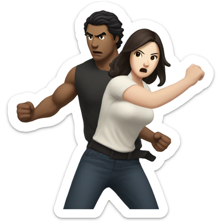 A pale half Asian man with short dark hair fighting a white woman with long wavy brunette hair sticker