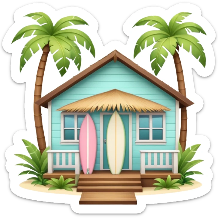 Hawaiian bungalow house, pastel colors, wooden porch, surfboard leaning on wall, palm leaves, tropical vibe, cute mobile game icon style, 3D cartoon, clean background, no text
 sticker