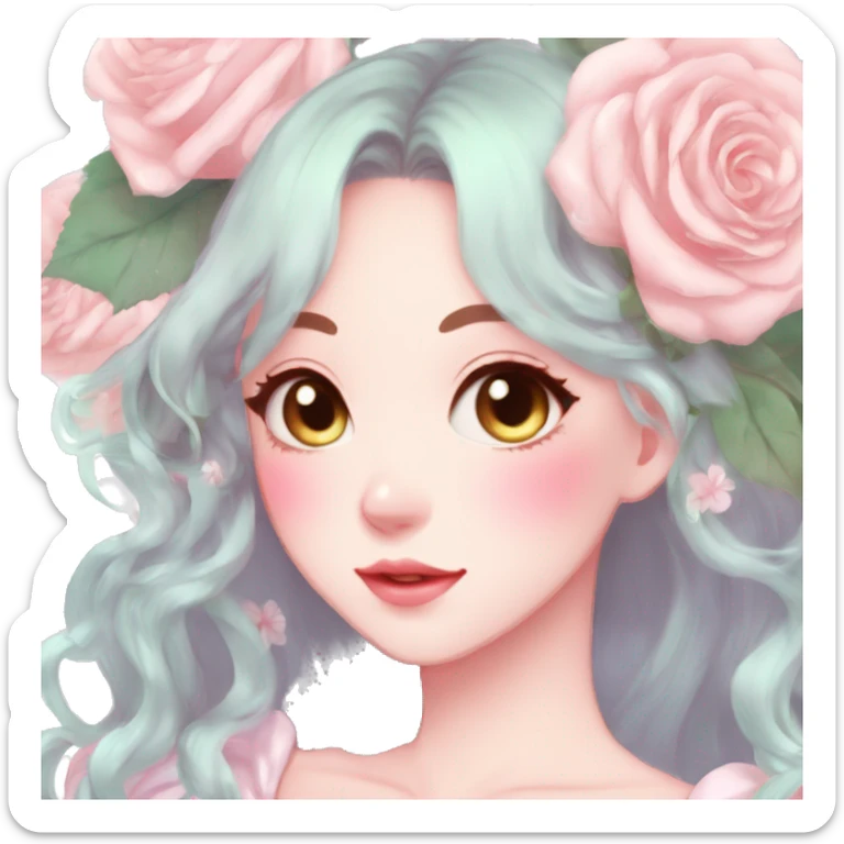 Gorgeous pastel anime style lady with blushing face and roses cottagecore fairycore pastelcore shiny colorful pearly aesthetic trending style sticker