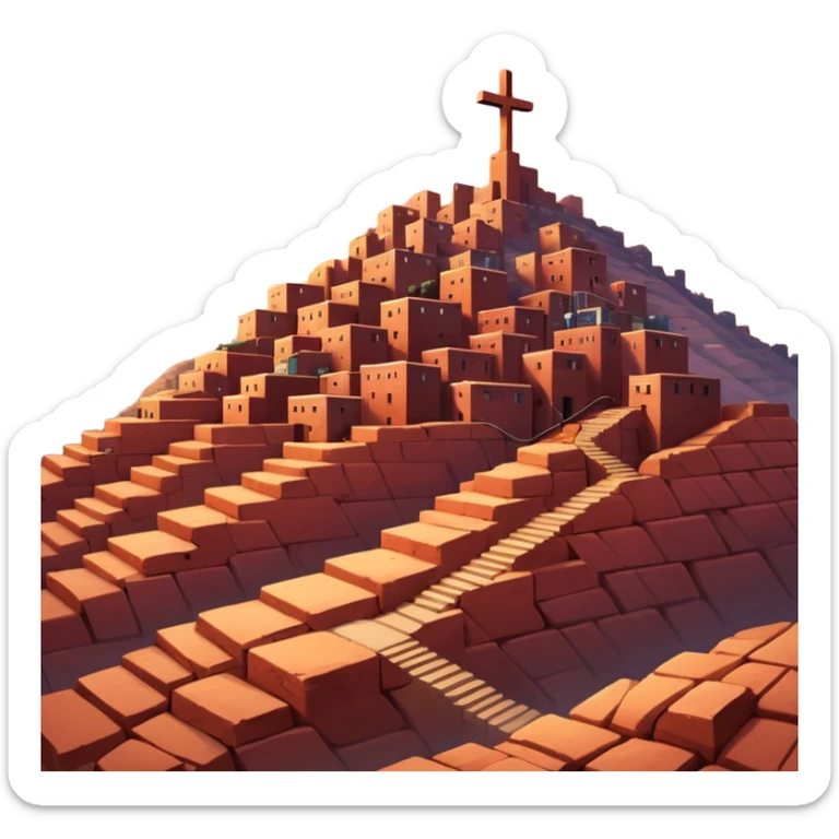 Urban Peruvian hillside neighborhood, brick houses stacked on steep hills of the desert, unfinished red brick buildings,, narrow stairways, electric cables crossing the sky, sunset lighting, realistic style, cinematic, high detail in the desert, cross monument at the top sticker
