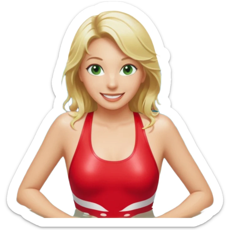 Blonde Woman, Green eyes,Red onepiece, Background Indoor pool sticker