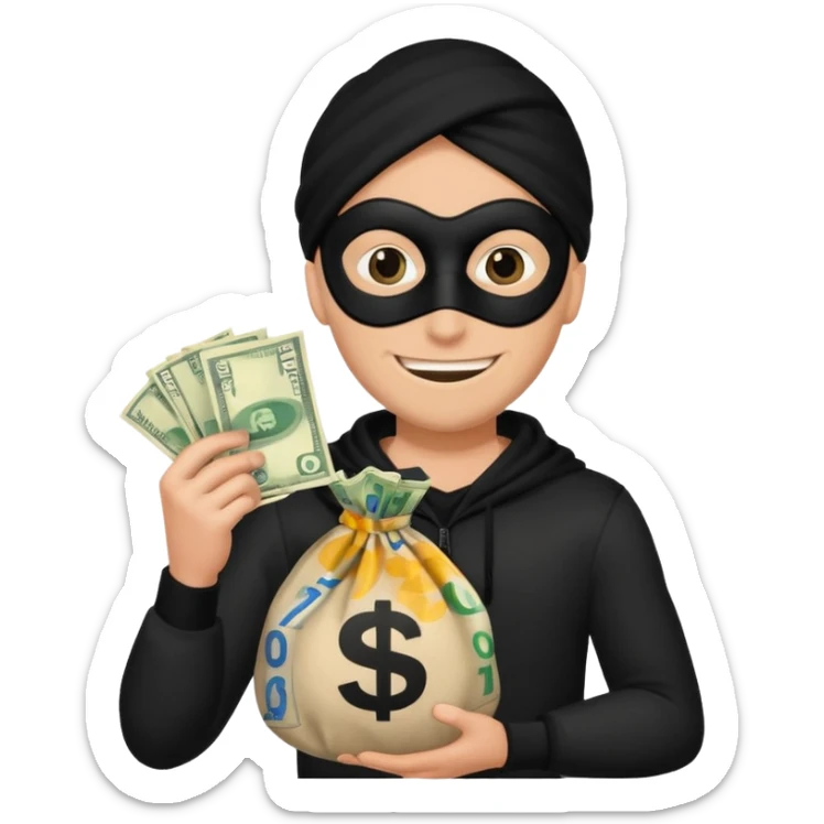 robber emoji holding a money bag with a classic cartoon thief look sticker