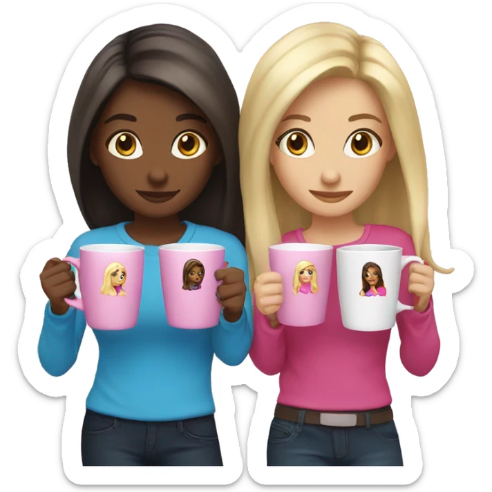 Two sister one is blondie one is brunette and they hold blue and pink coffee mugs sticker