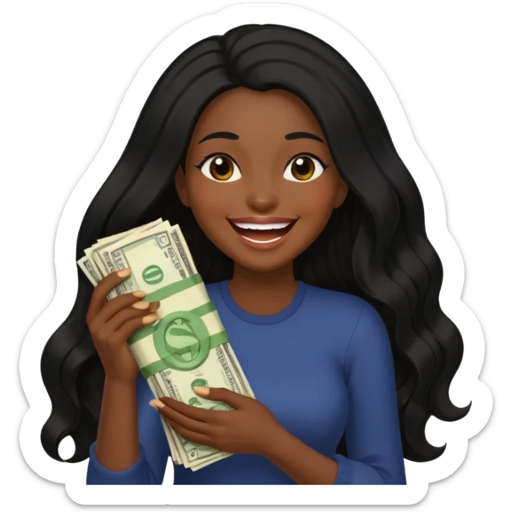 laughing dark long haired woman holding lots of money sticker