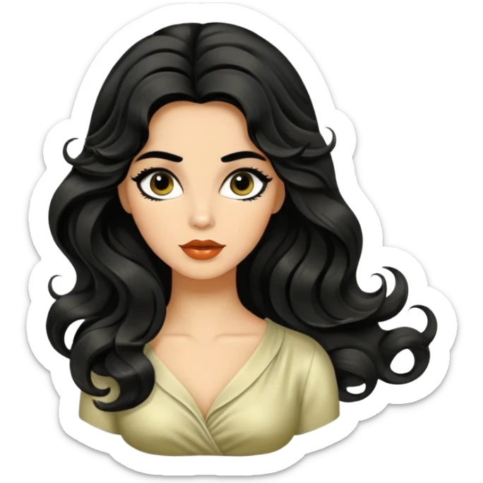 Alluring 1960's greek olive skin shiny long black wavy textured tousled hair sticker