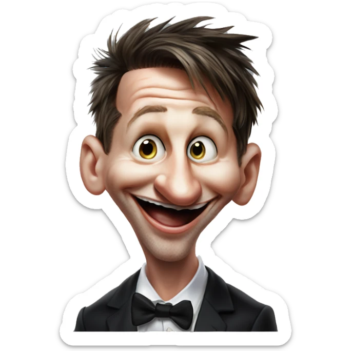 Laughing insane Messi in Uncle Scrooge style, oil paint, mysterious eyes, intricate lips, masterpiece pose, odd perspective, beautiful, desirable, logical sticker