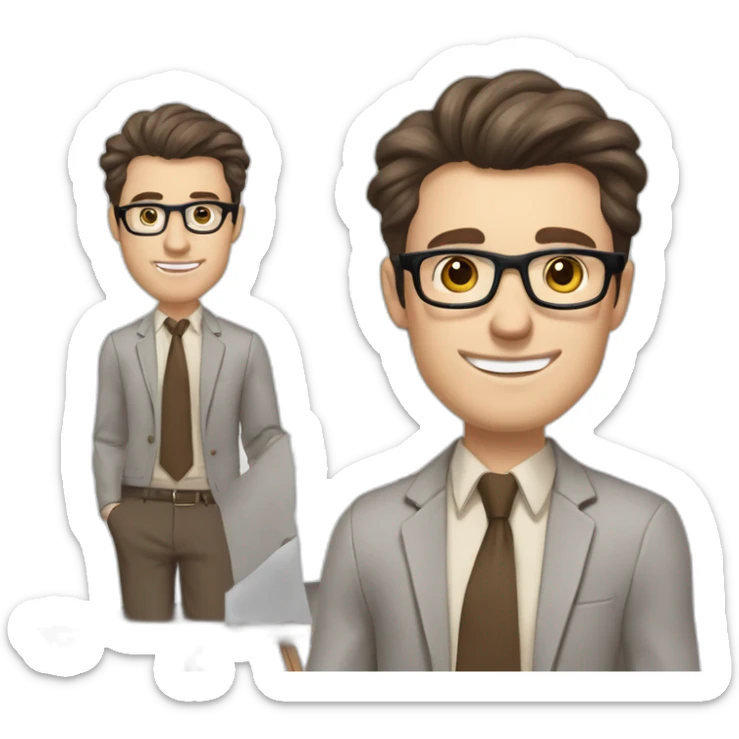 Pale skinned fit man with dark brown hair in gray jacket, beige office shirt, brown tie, brown pants and vintage glasses Writing on the flipchart sticker