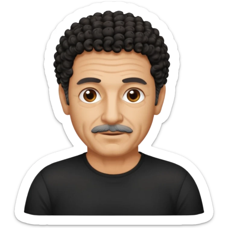 60 year old Greek man with short black curly hair that sticks up and has a black shirt sticker