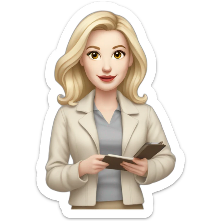 pale skin woman interior designer with cold blonde middle length hair, gray eyes, White oversize jacket, beige blouse, Gray skirt holding a color palette in the hands sticker
