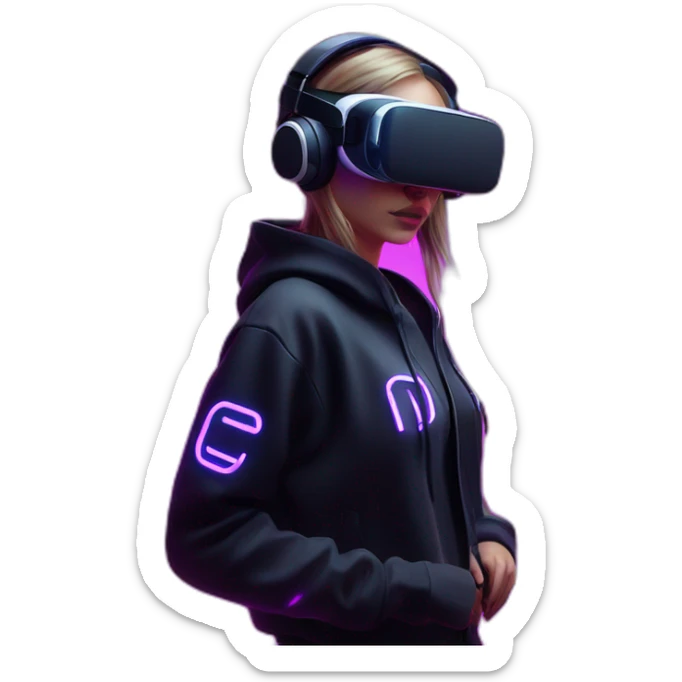 Russian girl wearing a black hoodie with "OMG" letters on it and VR headset in a cyberpunk VR environment with violet neon lighting. sticker
