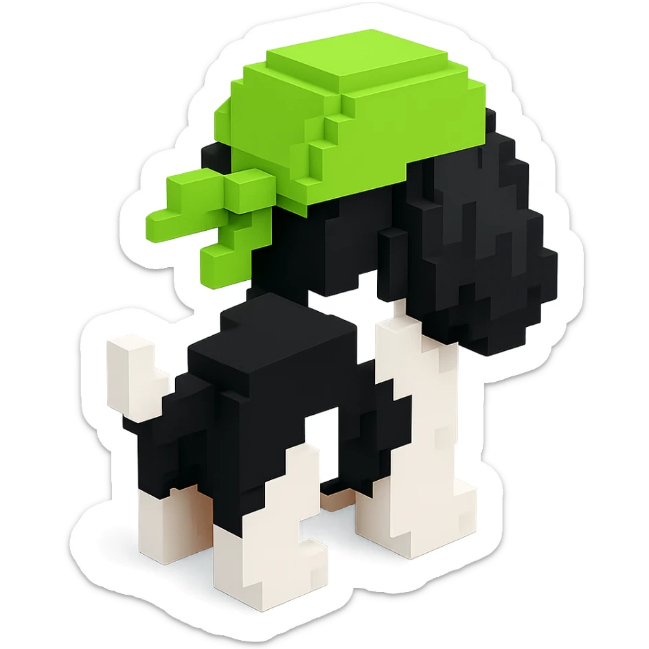A black and white Russian Cocker Spaniel puppy wearing a green durag, facing backward sticker