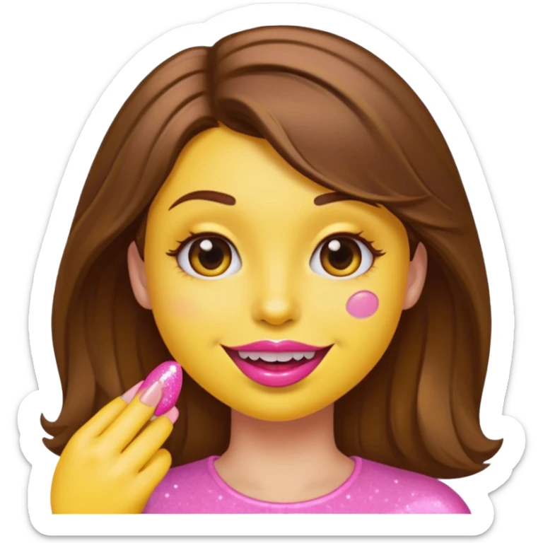 Yellow emoji with brown hair and feminine that is seductively, biting pink acrylic nail with pink sparkly lip gloss smirking with a dimple on the right sticker