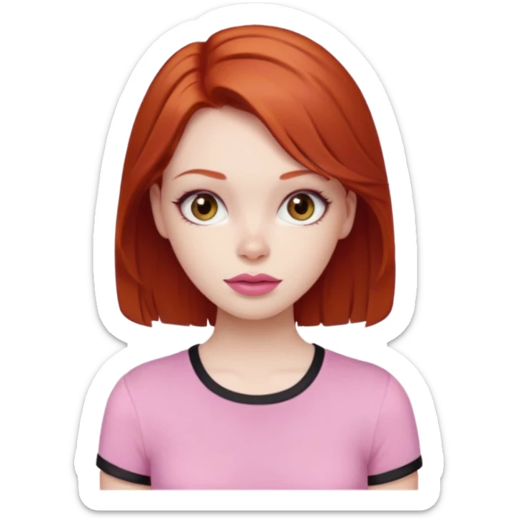 Redhead girl with deep brown eyes, pale skin with light red lips wearing a pink strap shirt sticker