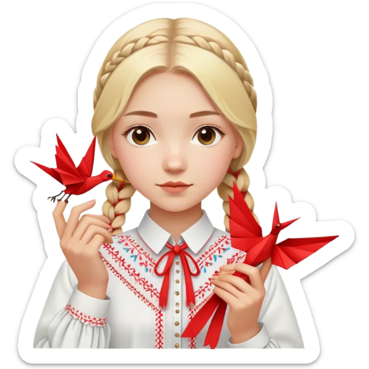 Ukrainian young girl with blonde braided hair wearing a white traditional embroidered shirt (vyshyvanka) holding a red origami paper crane in her hands sticker