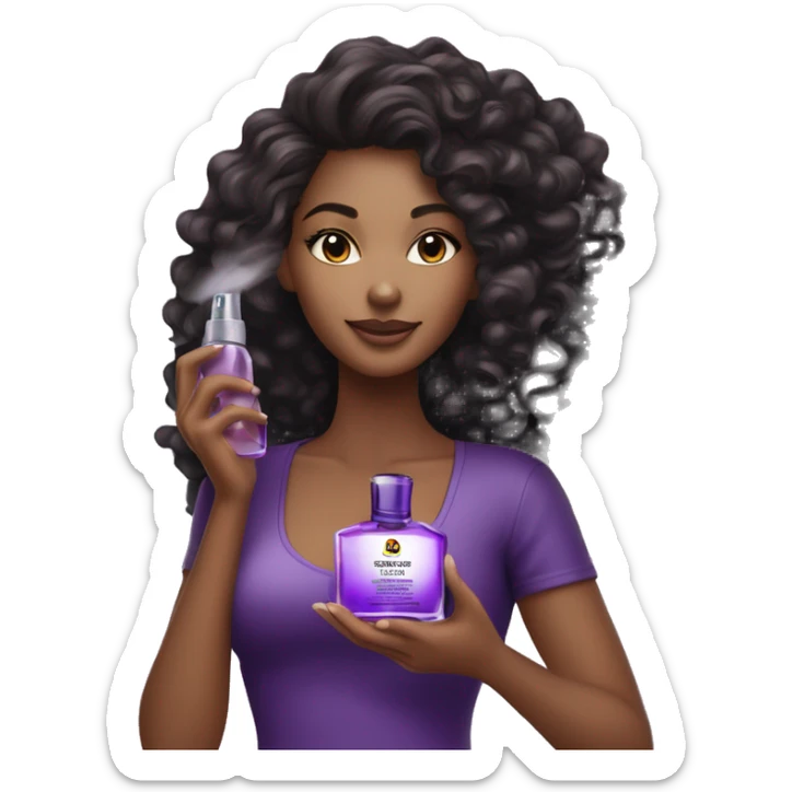 Beautiful refined black woman with curly hair posing with her perfume that is ergonomic, purple-colored ombre bottle, and a black cap and sprayer.  sticker