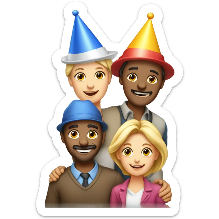 European company of 4 people (mom dad and 2 kids) celebrate birthday in birthday hats sticker