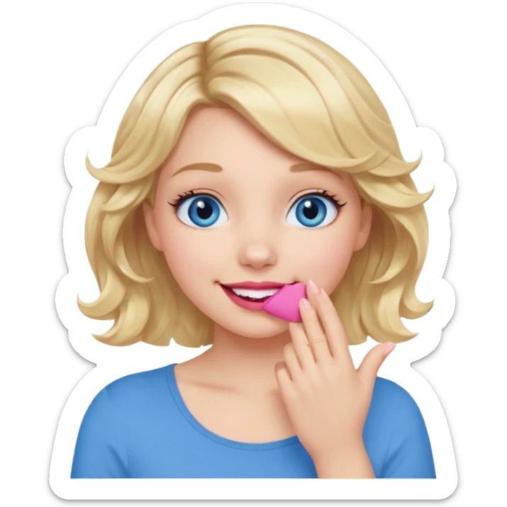 Girl Blonde short wavy hair,  blue eyes, cute blue top, long lashes, pink lips, smiling, hand covering the mouth sticker