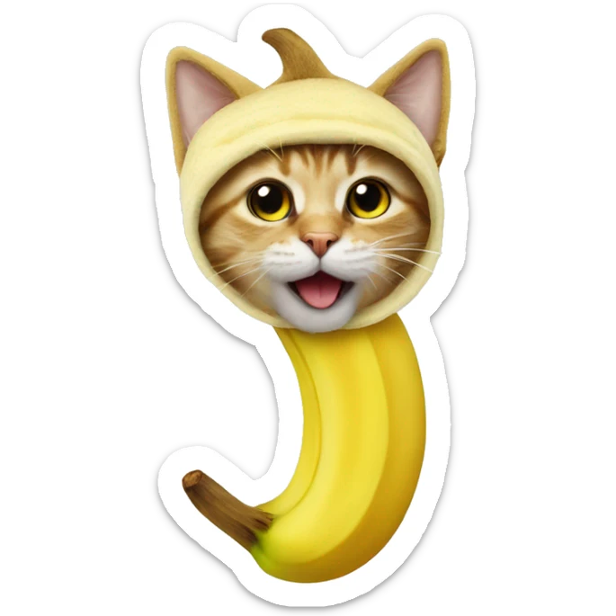 A cat wearing a real banana costume , banana need to in the banana shape sticker