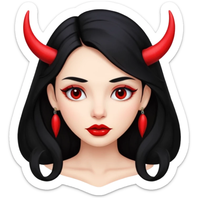 A girl's face with cheekbones, skin red, long black hair, small red horns, big lips sticker