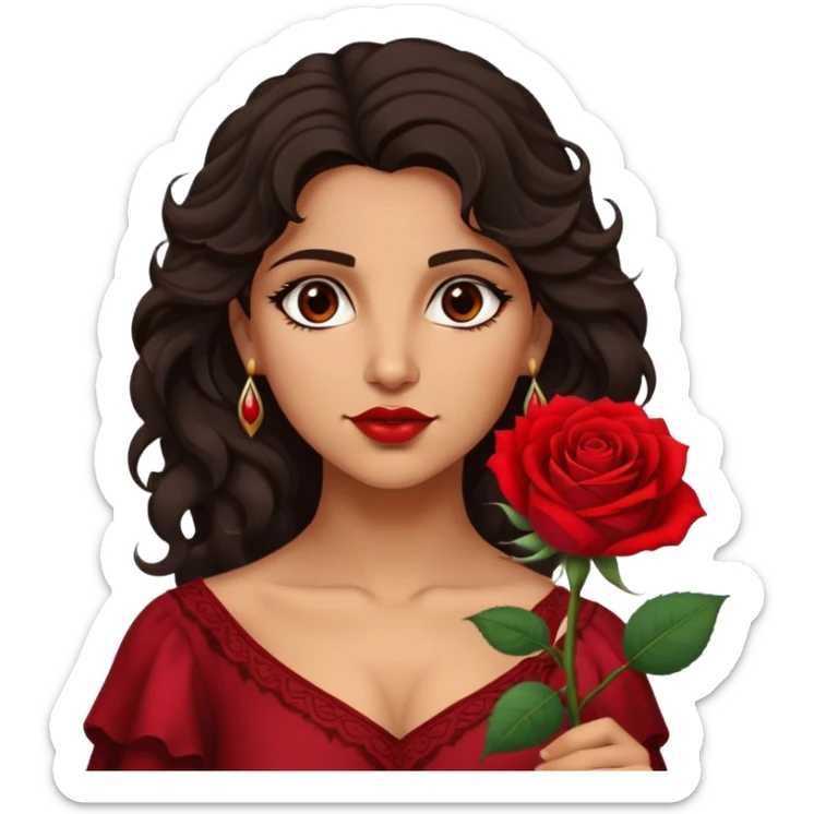 A Romani woman with dark wavy hair, a single red rose tucked behind one ear, and a confident gaze sticker