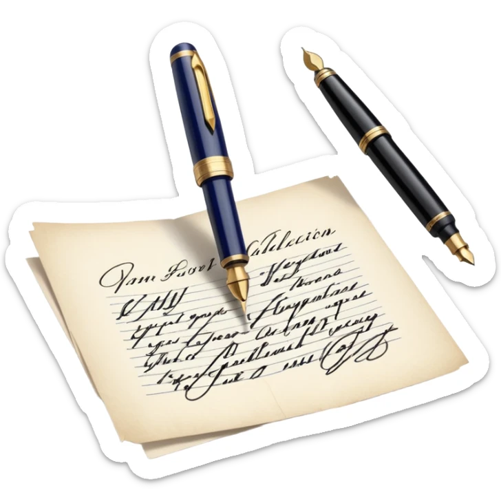 Icon for Autograph Collecting: a signature on a piece of paper with a vintage fountain pen beside it, and a collection of autographed photos or memorabilia in the background. The icon should convey the passion for collecting famous signatures. Transparent background. sticker