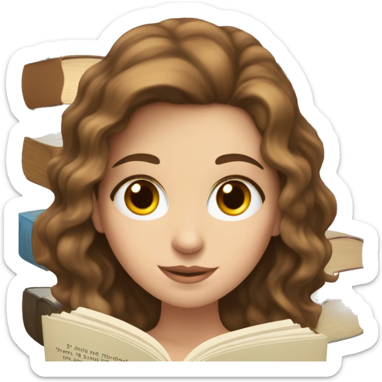 white girl with hazel eyes and brown wavy hair reading a book sticker