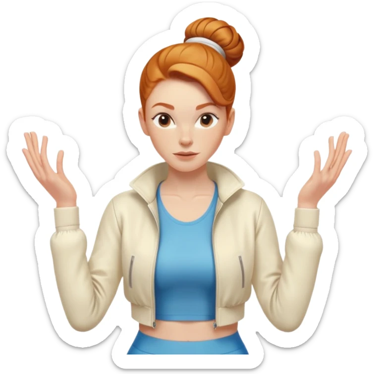 Clean girl Ginger girl aerobics with cream jacket middle part slick back bun sticker