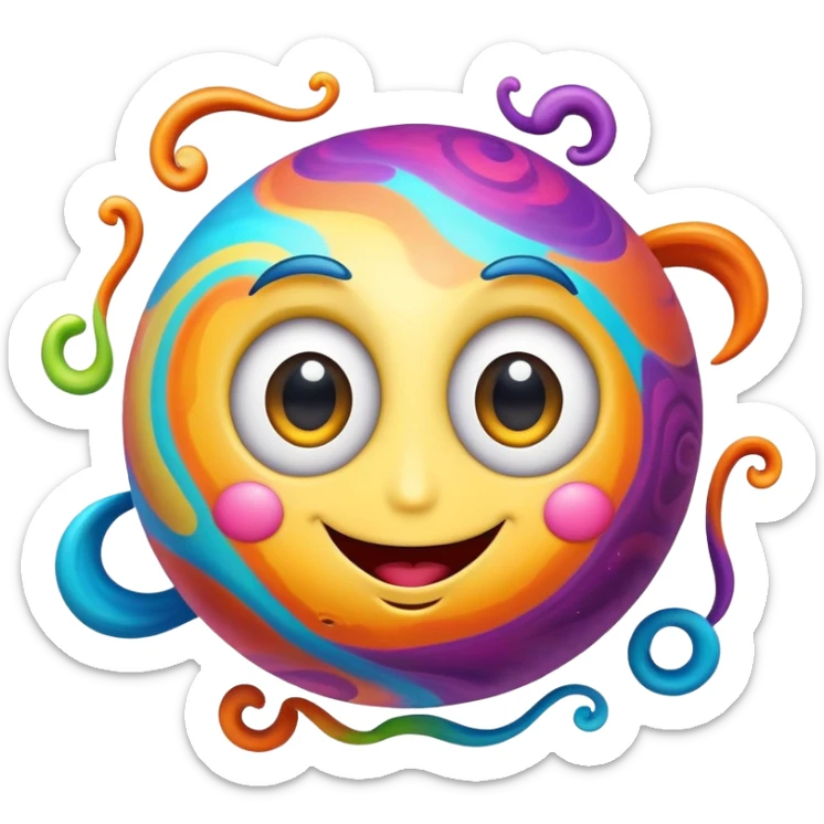multicolored planet with swirls of bright colors and a happy smiling face with big eyes sticker