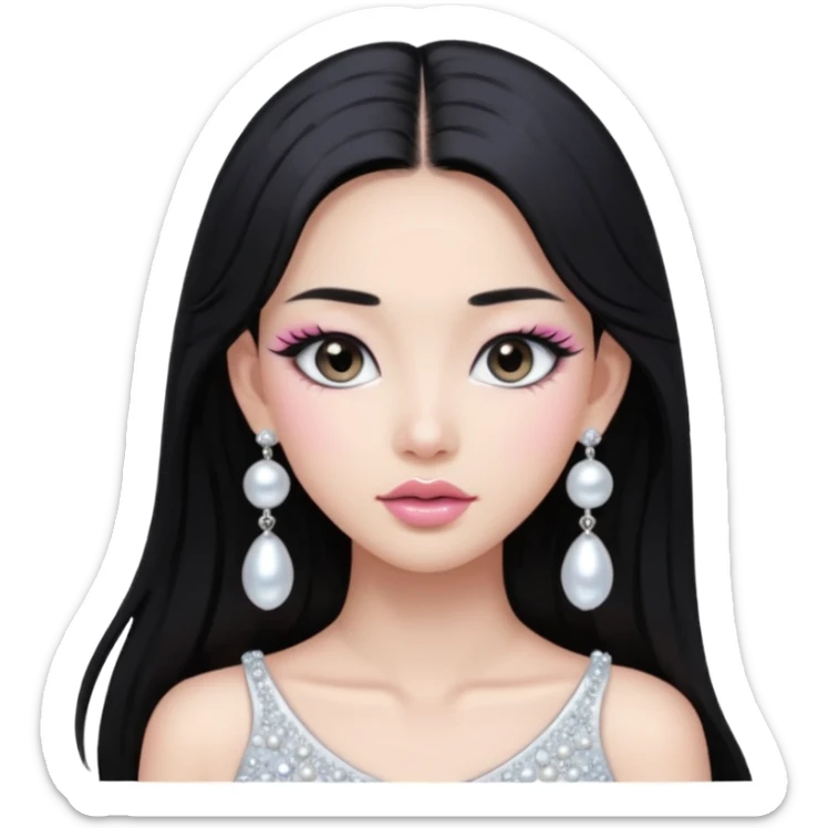 asian long black hair silver grey eyes glossy lips glittery white and light pink eyeshadow girl pearl earrings sticker