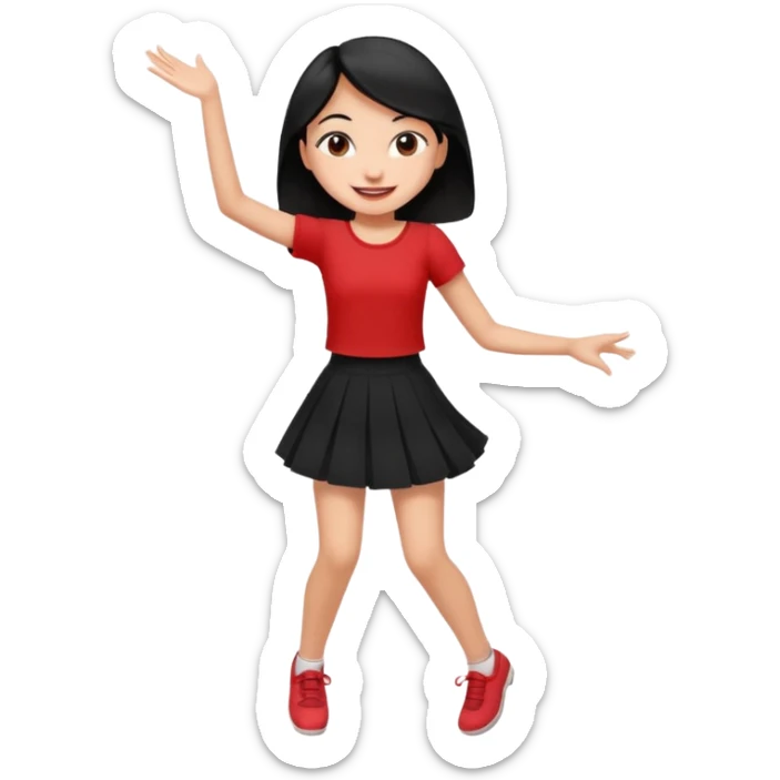 Chicas esbelta con falda corta negra y top rojo,pelo semi largo negro y lacio  super feliz,pero bailando sticker