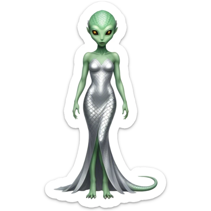 alien reptilian woman light green skin in silver dress, full body sticker