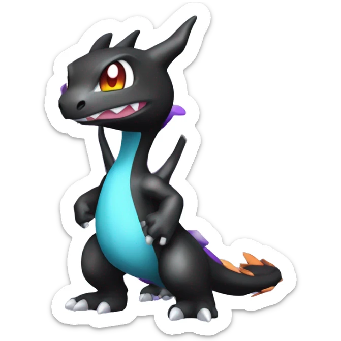 Black shiny chibi Mega-Charizard-X-Raptor-Fakémon with purple accents full body sticker