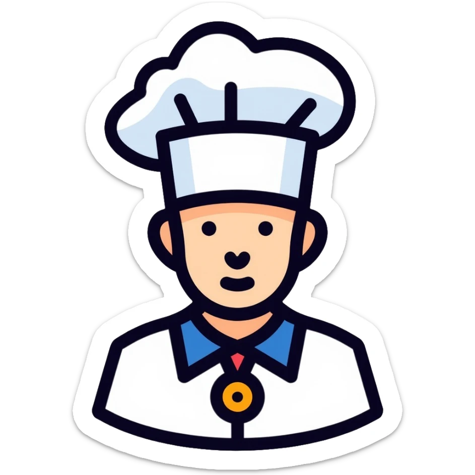 a pastry chef wearing the official uniform of Meilleurs Ouvriers de France (MOF) with a distinctive blue, white, and red collar, white chef coat, chef's hat, and medal sticker