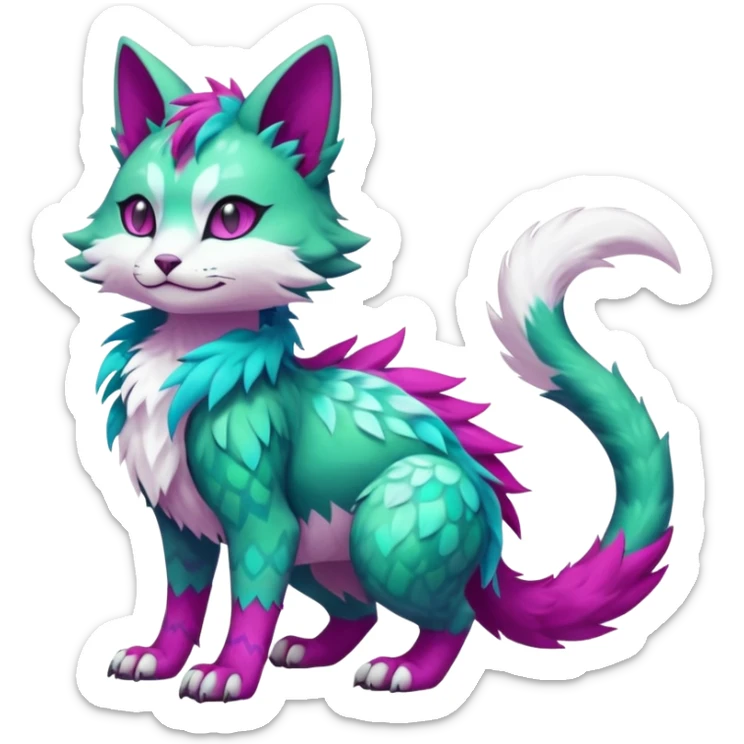 Kawaii colorful iridescent green-turquoise and magenta and white beautiful pretty elegant divine edgy fantasy feline-vernid-sergal-Fakémon-Pokémon-fursona-animal-creature with accessories, full body, with intricate detailed markings sticker
