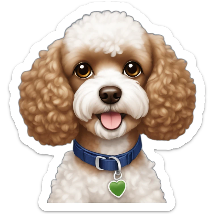 Brown toy poodle with teddy bear haircut wearing dark blue harness and all white Maltese wearing dark green harness sticker