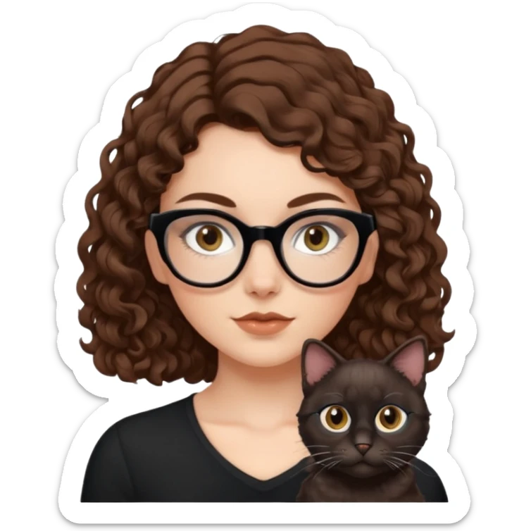 white girl with chest-length brown curls and black cat-eye glasses sticker