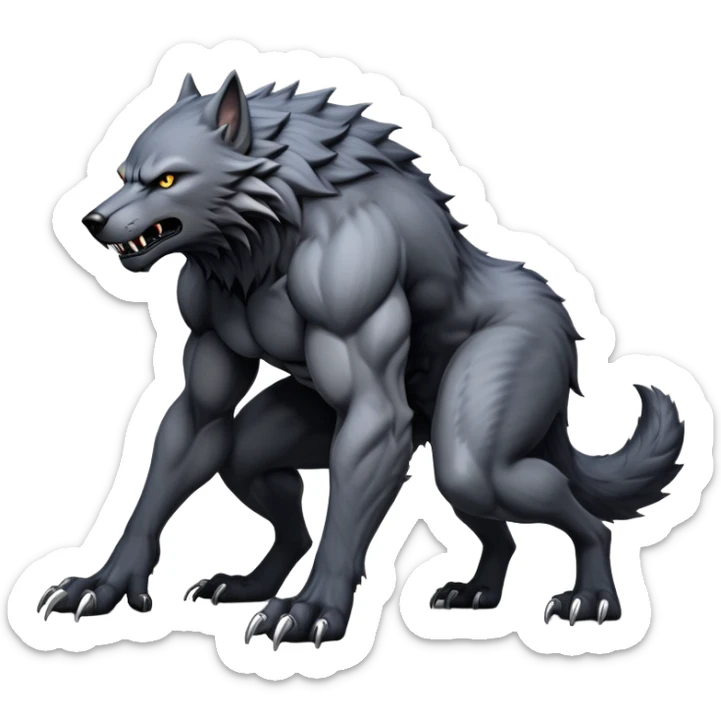 cinematic-noble-fierce-werewolf-full body on all fours-emoji, poised-and-imposing, with a tall, lean, and muscular wolfish frame inspired by the brutal, imposing shape of the beast from Berserk, fur rippling in shades of midnight black and silver, massive paws with razor-sharp claws, elongated limbs and fangs, eyes glowing with an intense, primal ferocity, reflecting the untamed power of the wild moonlit night; rendered with realism like a wolf hunched over battle ready pose ready to attack sticker