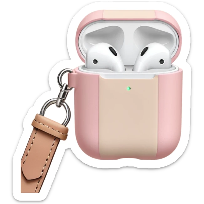 Pastel pink AirPods case on top of a beige travel journal, minimal setup sticker