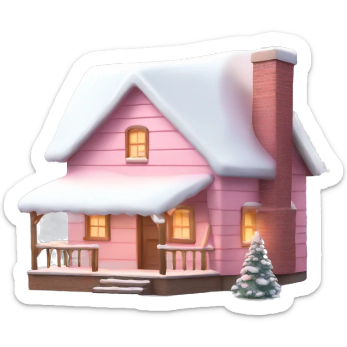 light pink cabin with snow with lights with smoking chimney and pink christmas tree sticker