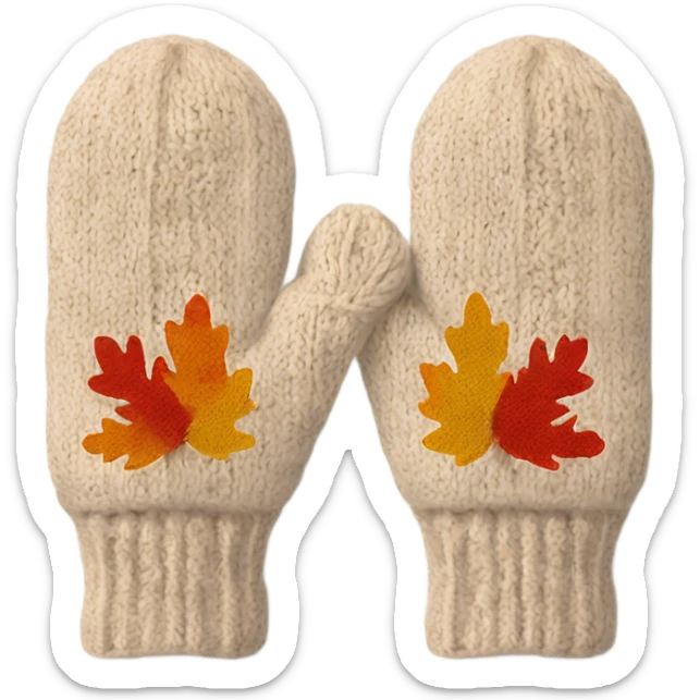 A pair of cozy knitted beige mittens with autumn leaves design sticker