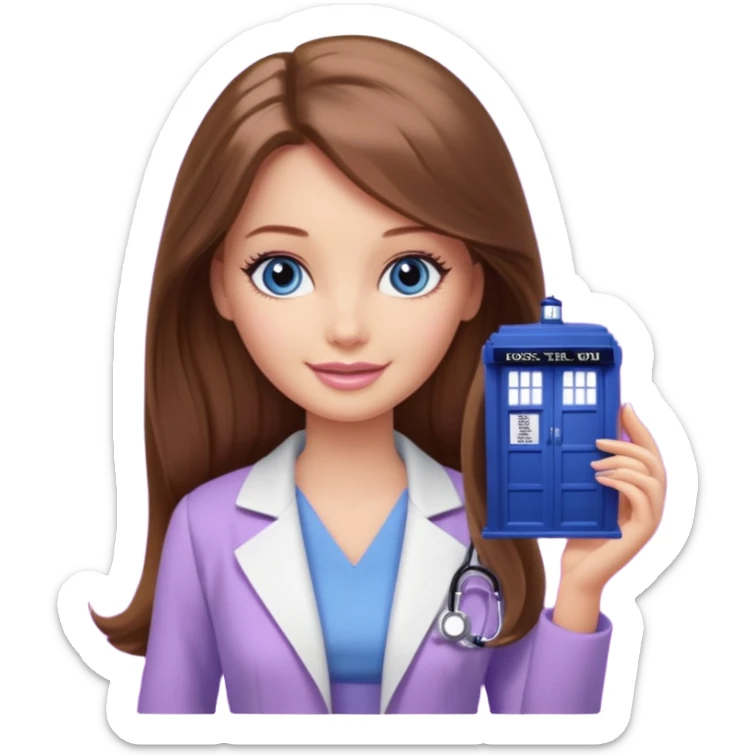 beautiful barbie girl with long brown hair, blue eyes and wearing light purple clothes watching doctor who sticker