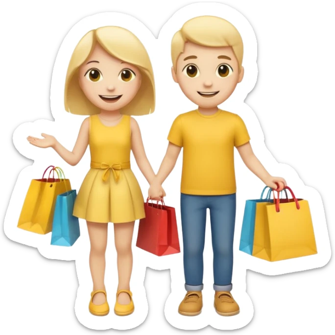 HAPPY SMILEY FACE EMOJI BOY AND GIRL WITH HANDS AND FEET WITH SHOPPING BAGS IN EACH HAND sticker