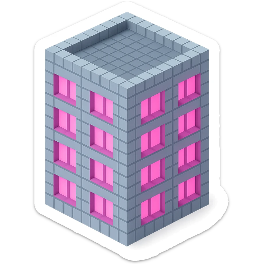 Russian panel apartment building, compact square block, light gray, pink glowing windows, isometric view sticker
