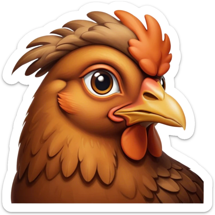 Cinematic Noble Brown Chicken Portrait Emoji, Poised and regal, with a compact, sturdy build and a warm, well-groomed brown plumage, deep-set soulful beady eyes, Simplified yet sharp and sophisticated features, highly detailed, glowing with a soft, dignified glow, high shine, intelligent and earthy, stylized with an air of rustic elegance, focused and attentive, soft glowing outline, capturing the essence of a watchful and confident fowl, so majestic it feels as though it could strut out of the screen with effortless authority! sticker