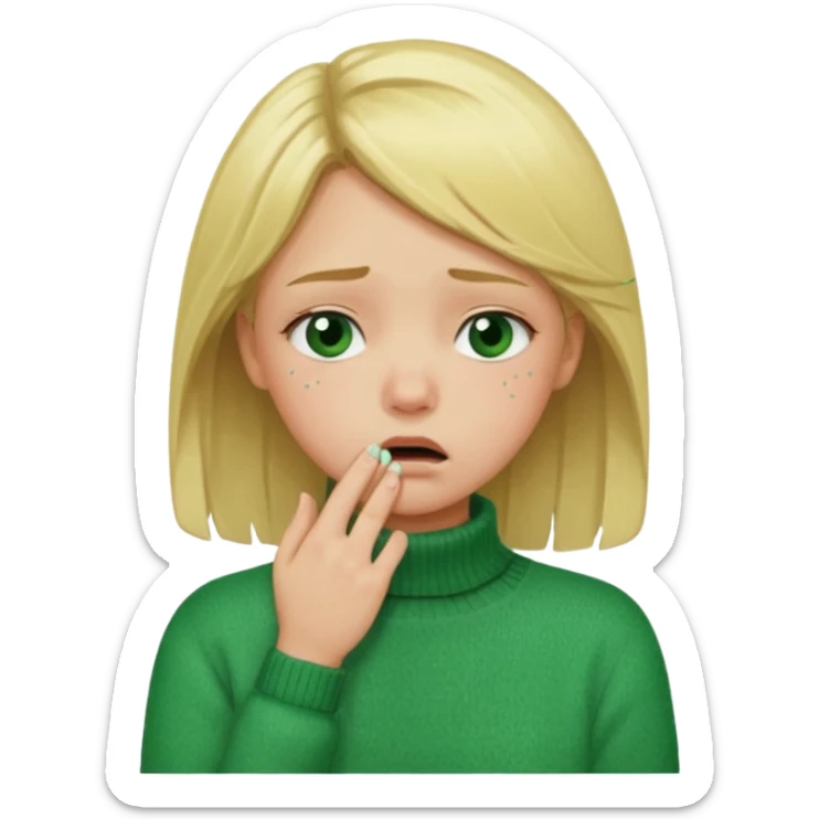 blonde girl in green jumper with hand on throat, sad sticker