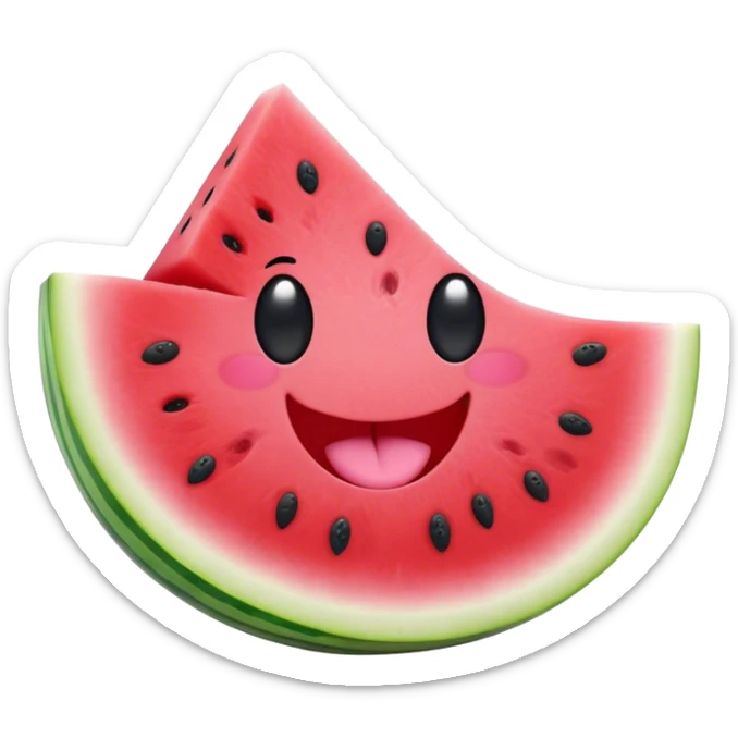 Cute Kawaii Watermelon Slice, juicy and vibrant, soft pastel green rind with pink flesh, tiny black seeds shaped like hearts, an adorable happy face with cute round eyes, bursting with summer energy! sticker