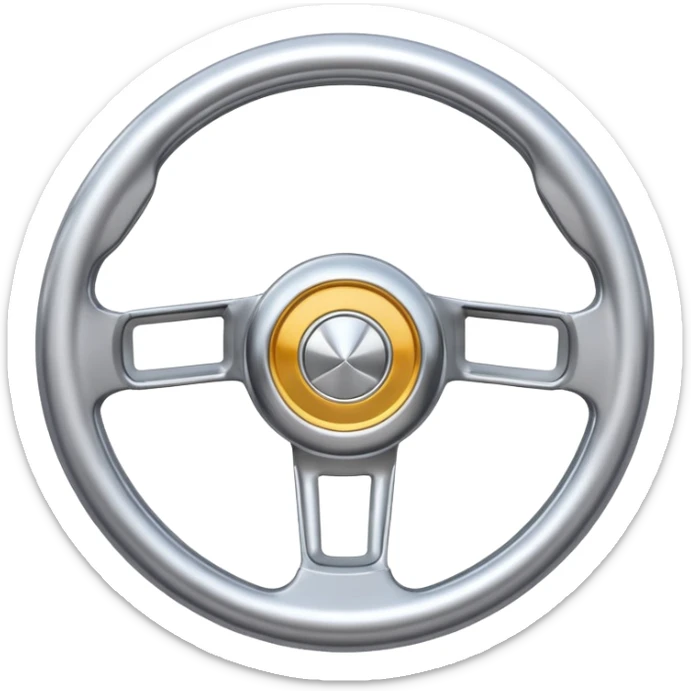 A futuristic steering wheel emoji made of silver chrome, minimal geometric design, smooth metallic surface, soft reflections, iOS emoji style, centered, clean white background sticker