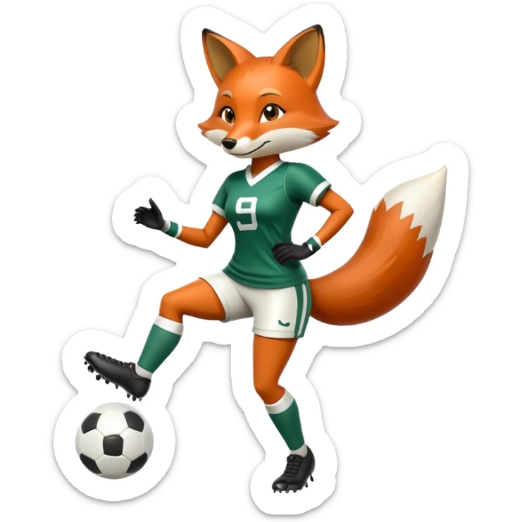 anthropomorphised female fox in stylish outfit playing football, full-body view sticker